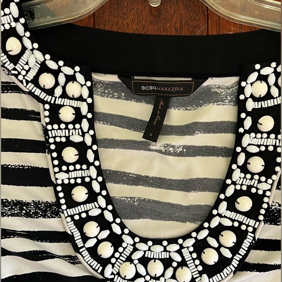 BCBGMaxAzria Black and White Striped Blouse with Beaded Neckline - Picture 3 of 4